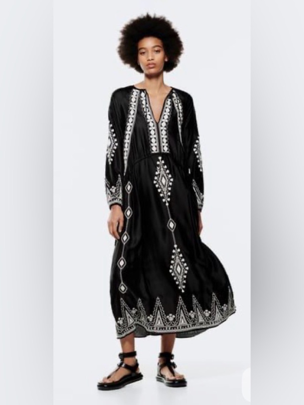 Zara Limited Edition Black Satin Soutache Embroidered Midi Caftan Dress Size M